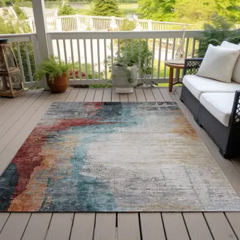 5' X 8' Teal Blue Mauve And Beige Abstract Washable Indoor Outdoor Area Rug