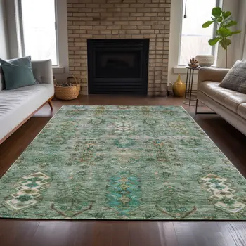 8' X 10' Sage And Gold Tribal Washable Indoor Outdoor Area Rug