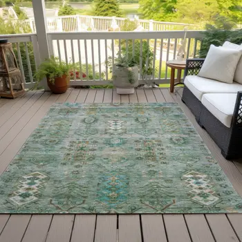 8' X 10' Sage And Gold Tribal Washable Indoor Outdoor Area Rug