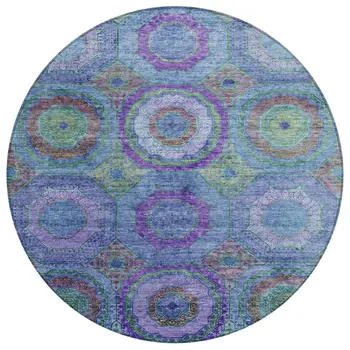 8' Blue Purple And Lime Green Round Geometric Washable Indoor Outdoor Area Rug