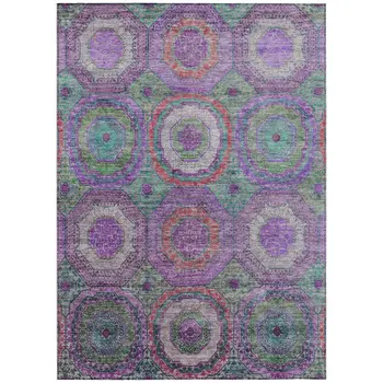 9' X 12' Purple Teal Blue And Lime Green Geometric Washable Indoor Outdoor Area Rug