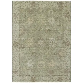9' X 12' Sage And Beige Floral Washable Indoor Outdoor Area Rug