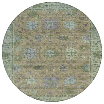8' Brown Olive Green And Lavender Round Floral Washable Indoor Outdoor Area Rug