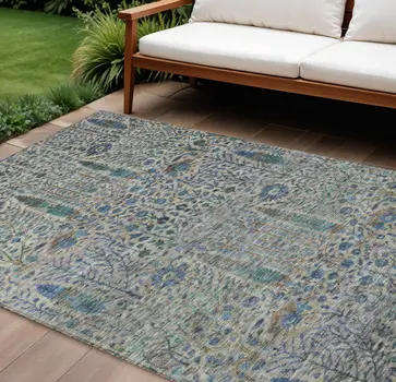 10' X 14' Brown And Teal Blue Floral Washable Indoor Outdoor Area Rug
