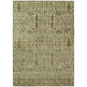 5' X 8' Wheat And Fern Green Floral Washable Indoor Outdoor Area Rug