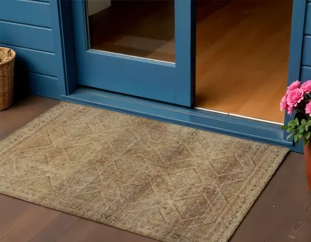 3' X 5' Khaki And Beige Geometric Washable Indoor Outdoor Area Rug