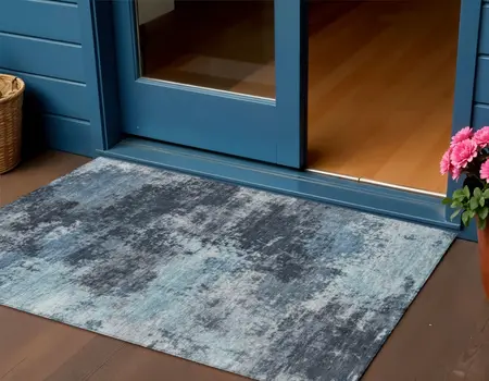 3' X 5' Blue And Ivory Abstract Washable Indoor Outdoor Area Rug