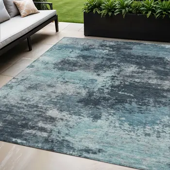 5' X 8' Teal Blue And Navy Blue Abstract Washable Indoor Outdoor Area Rug