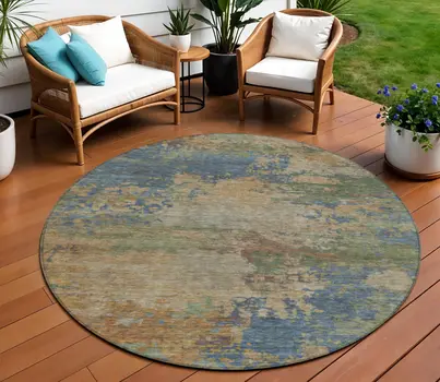 8' Denim Blue Beige And Copper Round Abstract Washable Indoor Outdoor Area Rug