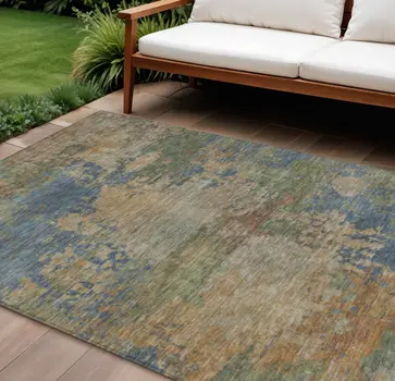 10' X 14' Denim Blue Beige And Copper Abstract Washable Indoor Outdoor Area Rug