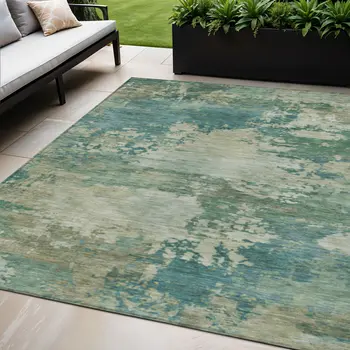 5' X 8' Teal Blue Beige And Denim Blue Abstract Washable Indoor Outdoor Area Rug