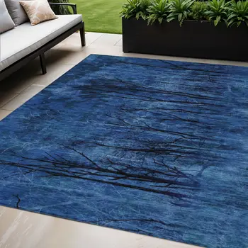 5' X 8' Blue And Charcoal Floral Washable Indoor Outdoor Area Rug