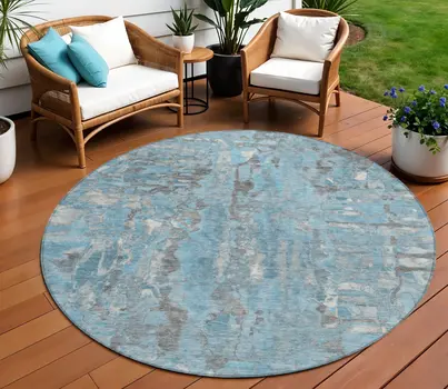 8' Denim Blue And Gray Round Abstract Washable Indoor Outdoor Area Rug