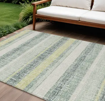 9' X 12' Pale Aqua And Lime Green Striped Washable Indoor Outdoor Area Rug