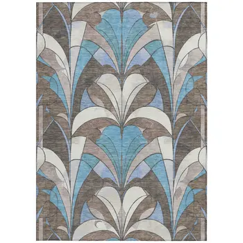 9' X 12' Brown Teal Blue And Ivory Geometric Washable Indoor Outdoor Area Rug
