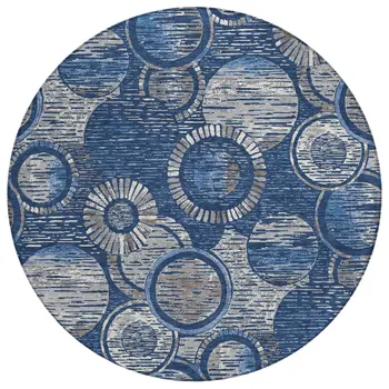 8' Navy Blue And Gray Round Geometric Washable Indoor Outdoor Area Rug