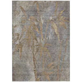 10' X 14' Khaki And Gray Botanical Leaves Washable Indoor Outdoor Area Rug