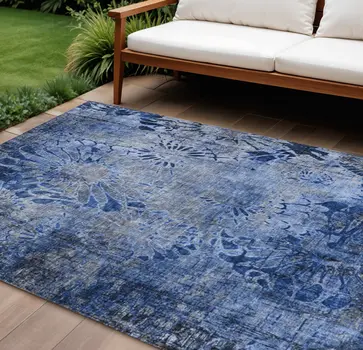8' X 10' Navy Blue And Gray Floral Washable Indoor Outdoor Area Rug