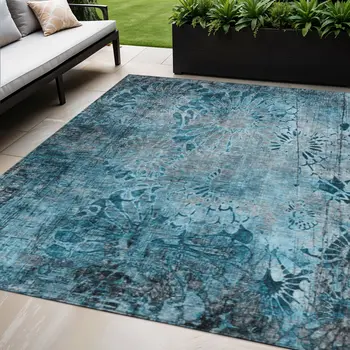 5' X 8' Teal Blue And Gray Floral Washable Indoor Outdoor Area Rug