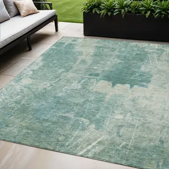 5' X 8' Teal Blue And Ivory Abstract Washable Indoor Outdoor Area Rug