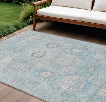 9' X 12' Sky Blue Beige And Blush Medallion Washable Indoor Outdoor Area Rug