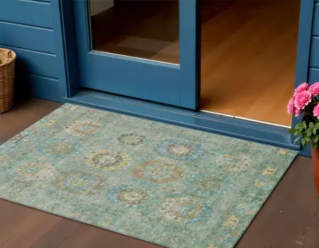 3' X 5' Teal Blue Gold And Copper Medallion Washable Indoor Outdoor Area Rug