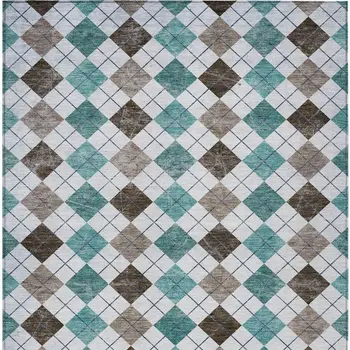 9' X 12' Teal Blue Taupe And Ivory Geometric Washable Indoor Outdoor Area Rug