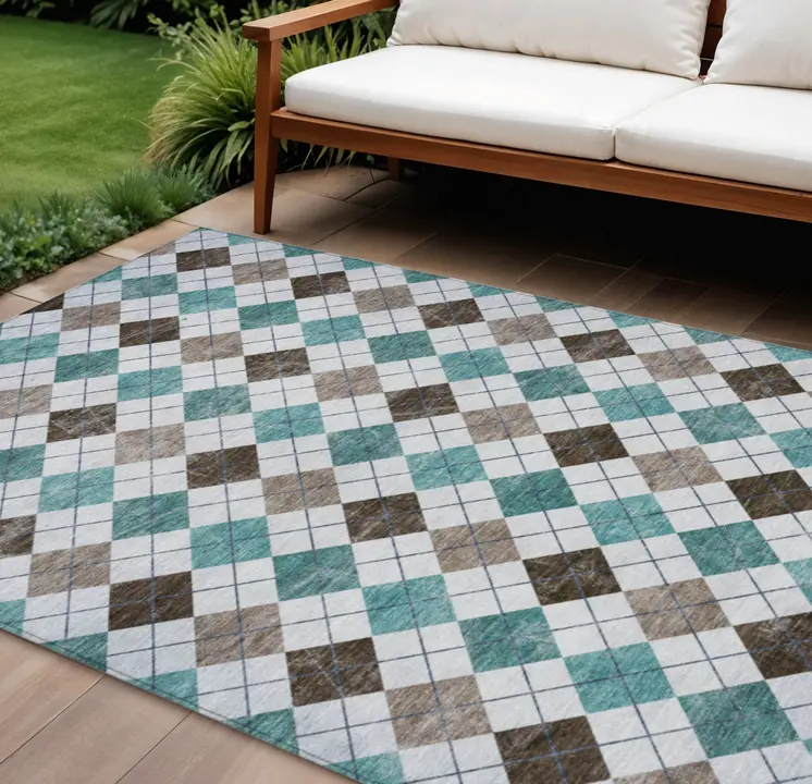 9' X 12' Teal Blue Taupe And Ivory Geometric Washable Indoor Outdoor Area Rug