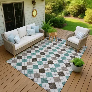 9' X 12' Teal Blue Taupe And Ivory Geometric Washable Indoor Outdoor Area Rug