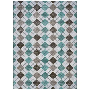 9' X 12' Teal Blue Taupe And Ivory Geometric Washable Indoor Outdoor Area Rug