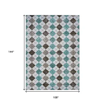 9' X 12' Teal Blue Taupe And Ivory Geometric Washable Indoor Outdoor Area Rug