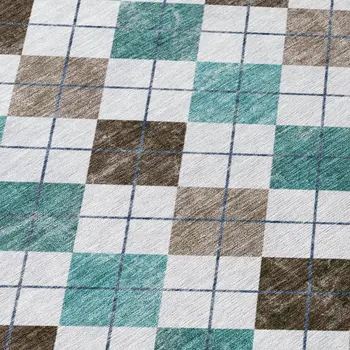 9' X 12' Teal Blue Taupe And Ivory Geometric Washable Indoor Outdoor Area Rug