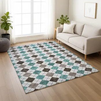 9' X 12' Teal Blue Taupe And Ivory Geometric Washable Indoor Outdoor Area Rug