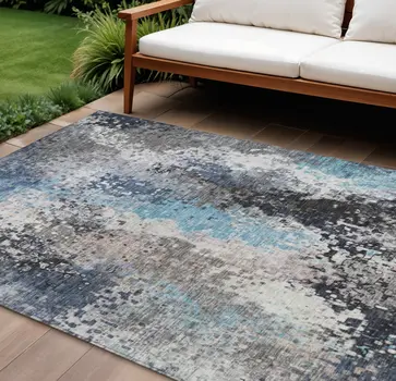 9' X 12' Denim Blue Ivory And Gray Abstract Washable Indoor Outdoor Area Rug