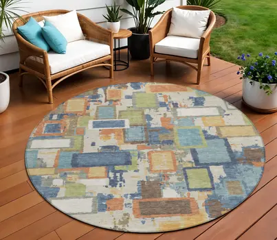 8' Denim Blue Copper And Green Round Geometric Washable Indoor Outdoor Area Rug