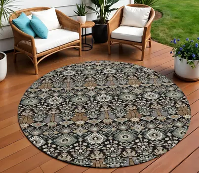 8' Black And Ivory Round Floral Washable Indoor Outdoor Area Rug