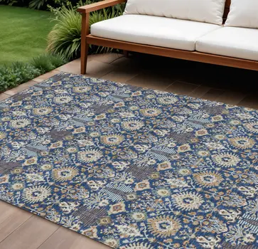 10' X 14' Navy Blue And Ivory Floral Washable Indoor Outdoor Area Rug