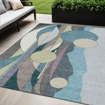 5' X 8' Teal Blue Ivory And Green Geometric Washable Indoor Outdoor Area Rug
