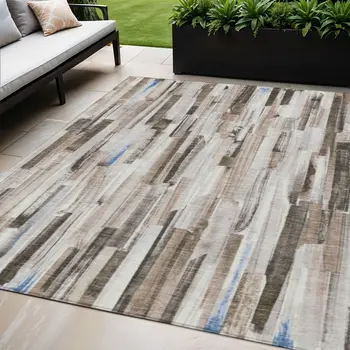 5' X 8' Khaki And Ivory Striped Washable Indoor Outdoor Area Rug