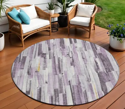 8' Lavender And Ivory Round Striped Washable Indoor Outdoor Area Rug
