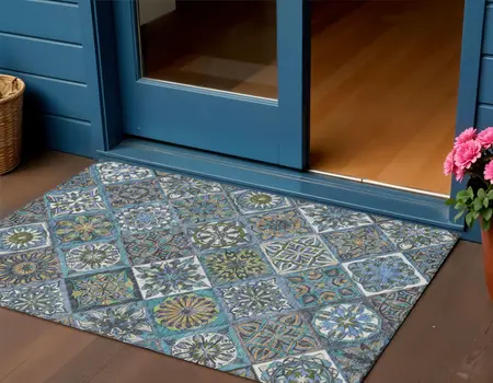 3' X 5' Denim Blue And Green Patchwork Washable Indoor Outdoor Area Rug