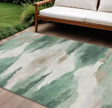 10' X 14' Green And Ivory Abstract Washable Indoor Outdoor Area Rug