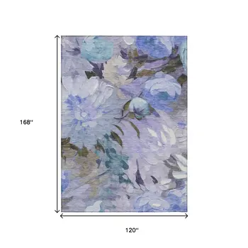 10' X 14' Purple And Blue Floral Washable Indoor Outdoor Area Rug