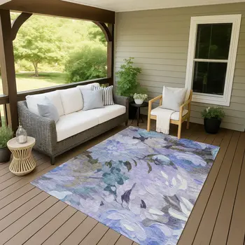 10' X 14' Purple And Blue Floral Washable Indoor Outdoor Area Rug
