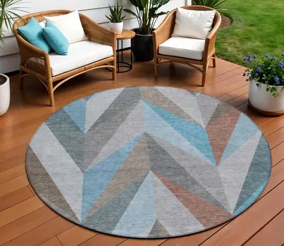 8' Teal Blue Copper And Gray Round Geometric Washable Indoor Outdoor Area Rug