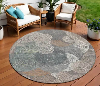 8' Brown Taupe And Beige Round Geometric Washable Indoor Outdoor Area Rug