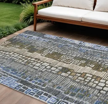 10' X 14' Denim Blue Ivory And Beige Geometric Washable Indoor Outdoor Area Rug