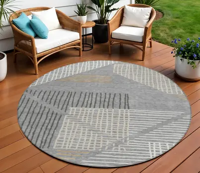 8' Gray And Ivory Round Striped Washable Indoor Outdoor Area Rug
