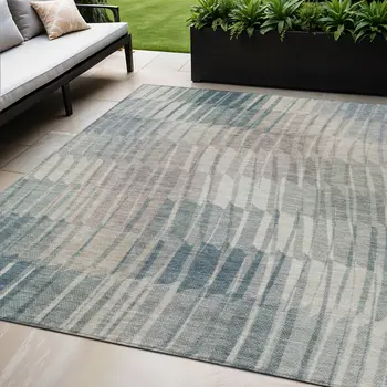 5' X 8' Sage And Ivory Striped Washable Indoor Outdoor Area Rug