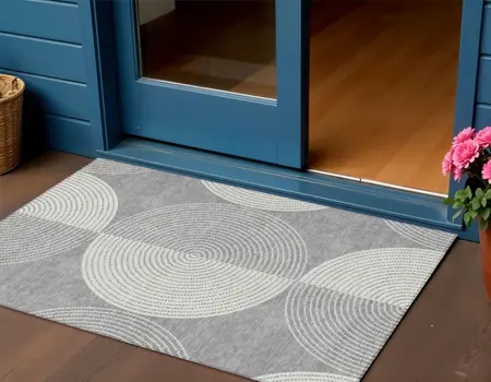 3' X 5' Gray And Ivory Geometric Washable Indoor Outdoor Area Rug